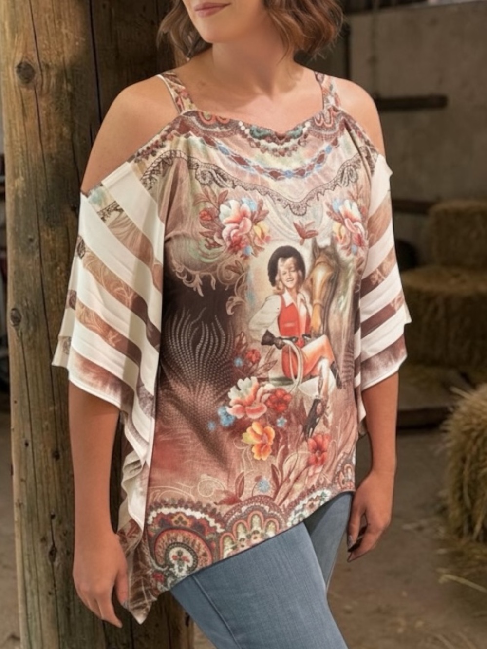 FANTAZIA Boutique Women's Cold Shoulder Western Retro Cowgirl Blouse Large